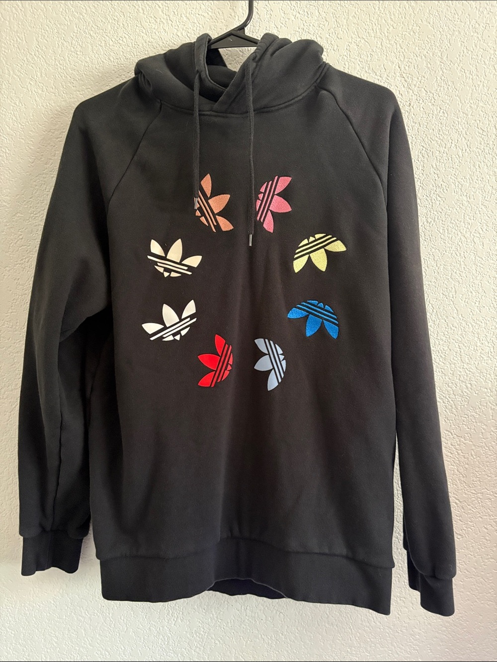 adidas Black Crewneck Hoodie with Multicolor Trefoil Motif